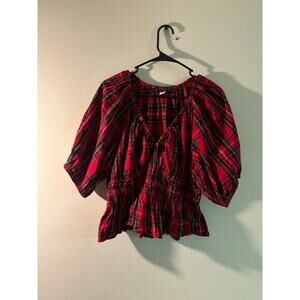 Old Navy Red Plaid Holiday Ruffle Sleeve Top | Size L | Festive V-Neck Blouse